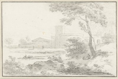 バック グラウンドで要塞化された建物とイタリアの風景 作： Hendrik van der Straaten
