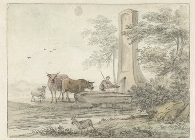 ヘルダーと彼の牛と羊が噴水にいるイタリア風の風景 作： Hendrik van der Straaten