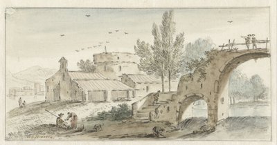 石橋のあるイタリア風の風景 作： Hendrik van der Straaten