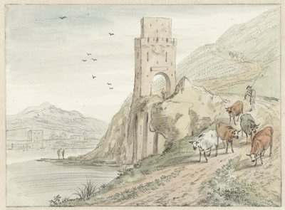 山と門塔のあるイタリア風の川の風景 作： Hendrik van der Straaten