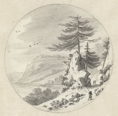 大きなモミの木のある山岳海岸の風景 作： Hendrik van der Straaten