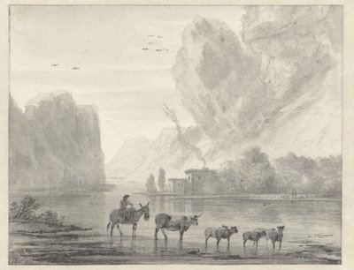 彼の牛と羊と遊牧民とロッキー川の風景 作： Hendrik van der Straaten