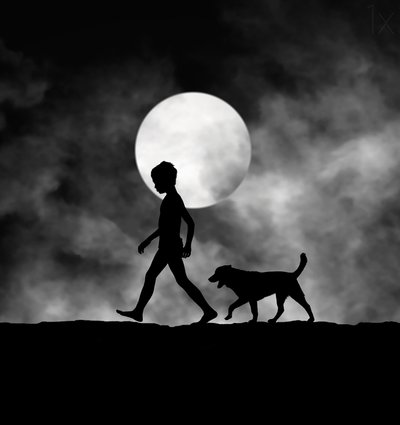 月明かりに照らされた子供と犬 作： 