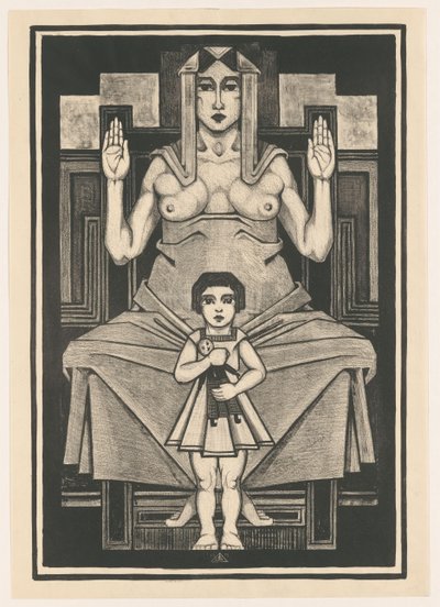 座っている女性の前に子供がいる様式化された構図 作： Henk Schilling