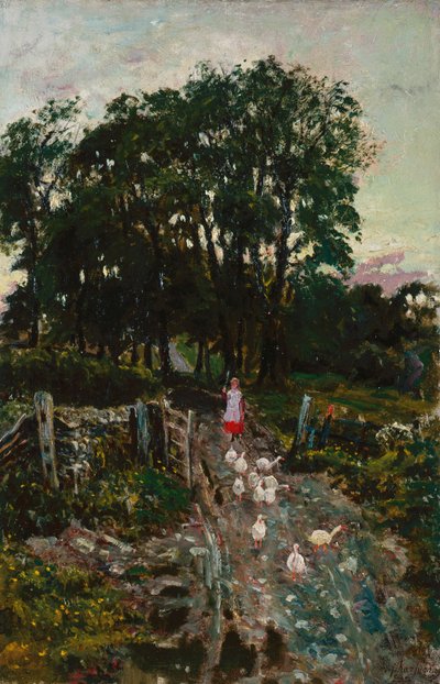 アヒルのいる少女（キャンバスに油彩） 作： Henri Joseph Harpignies