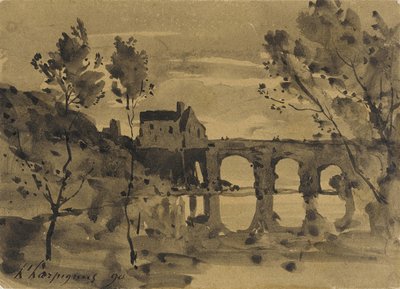 橋と家のある川の風景 作： アンリジョセフハーピニー