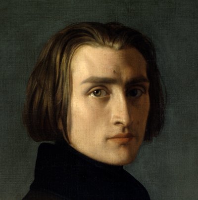 ハンガリーの作曲家・ピアニスト、フランツ・リスト（1811-1886）の肖像（1839年）。顔のディテール。アンリ・レーマン（カール・アーネスト（エルンスト）・ルドルフ・ハインリッヒ・サレム・ディット）（1814-1882）による絵画。パリ、カルナヴァレ美術館。 作： Henri Lehmann