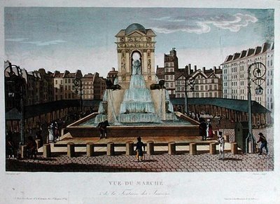 ウジェーヌ・デュボアが彫った「イノセント・マルシェの眺め」1815-20年頃（カラー・エングレーヴィング 作： Henri (after) Courvoisier Voisin