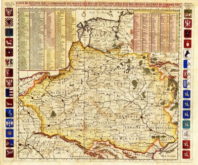 ポーランドの地図には、アンリ・アブラハム (1684-1743) によるリヴォニアとモスクワ大公国の一部が含まれています。 エッチング、水彩 作： Henri Abraham Chatelain