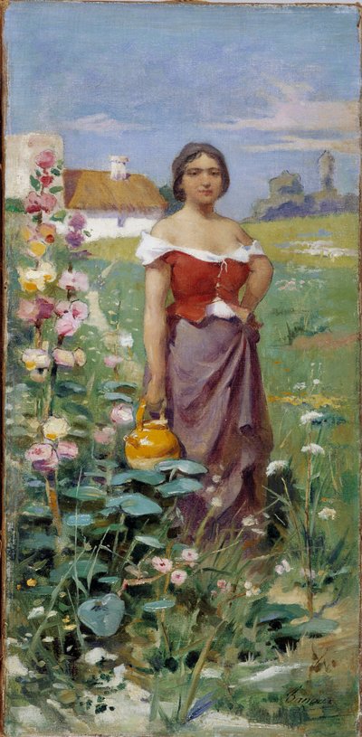 水差しをカマルゲーズ フィールドでジプシーを着た若い女性。 Adrien Henri Tanoux (1865-1923) の絵画 20 世紀 作： Henri Adrien Tanoux