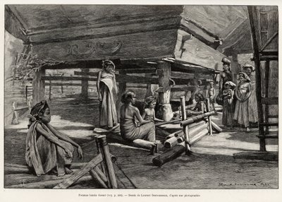 北スマトラの民族であるバタック族の女性が織物をしている様子。ジュール・クレーヌ（1856-1939）が1889年から1890年にかけて執筆した「マレーシアでの1年」の挿絵（Laurent Desrousseaux）。 作： Henri Alphonse Louis Laurent Desrousseaux