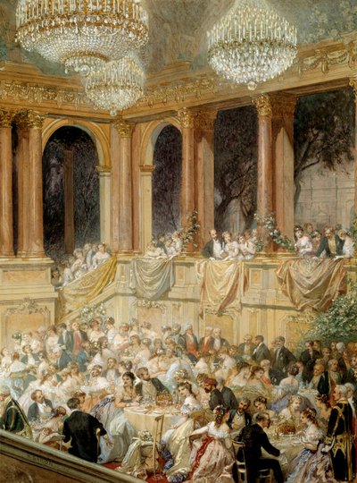 ナポレオン3世によるチュイルリーへの接待。アンリ・バロン（1816-1885）による水彩画 作： Henri Baron