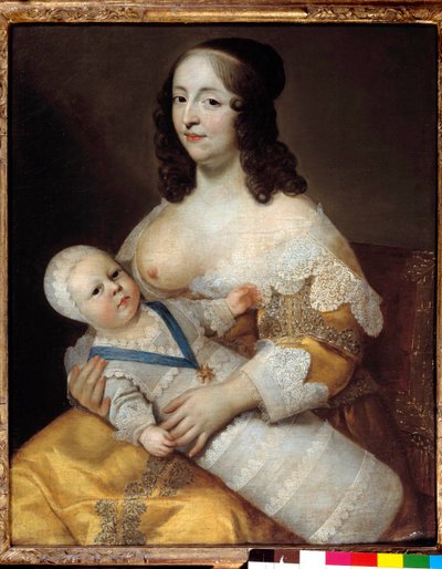 後の国王ルイ14世（1638-1715）の赤ちゃんが、看護師マリー・ド・ロンゲ・ド・ラ・ジロディエールの腕の中で水着姿であることを表現したもの。 女性の乳房が発見され、子供に授乳する準備が整っています。シャルル（1604-1692）とアンリ（1603-1677）による絵画 作： Henri Beaubrun