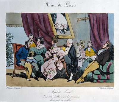 フランソワ・セラフィン・デルペッシュ（1778-1825）が彫った「Vues de Paris, esquisses morales et philosophiques」のための漫画で、夕食後のゲストの行動や会話をユーモラスに描いたもの（カラーリトグラフ）。 作： Henri Bonaventure (after) Monnier