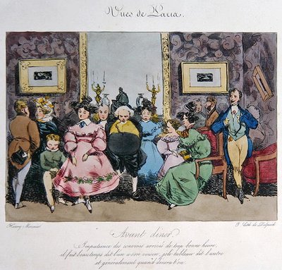 フランソワ・セラフィン・デルペッシュ（1778-1825）が彫った、ディナー前のゲストの行動や会話をユーモラスに描いた作品（カラーリトグラフ） 作： Henri Bonaventure (after) Monnier