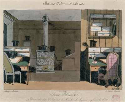 昼休みのパリのオフィスでのシーン、1830年頃（カラー彫刻） 作： Henri Bonaventure Monnier