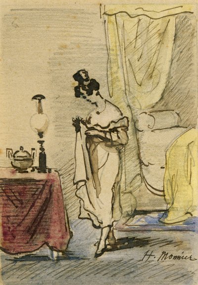 自宅での若い女性（紙の上のインクとトイレ）2：インテリアの少女。プライバシー; 作： Henri Bonaventure Monnier