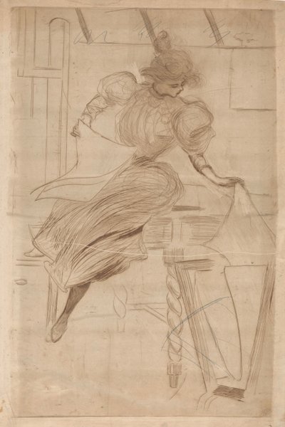 プリントスタンドでプリントを見る女性 作： Henri Boutet (possibly)