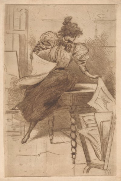 プリントスタンドでプリントを見る女性 作： Henri Boutet (possibly)