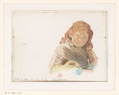 花の草原でバスケットを持つ少女 作： Henri Charles Guérard (signed by artist)