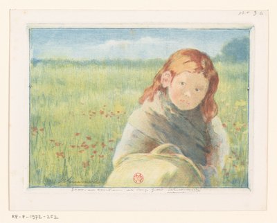 花の草原でバスケットを持つ少女 作： Henri Charles Guérard (signed by artist)