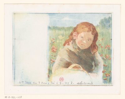 花の草原でバスケットを持つ少女 作： Henri Charles Guérard (signed by artist)