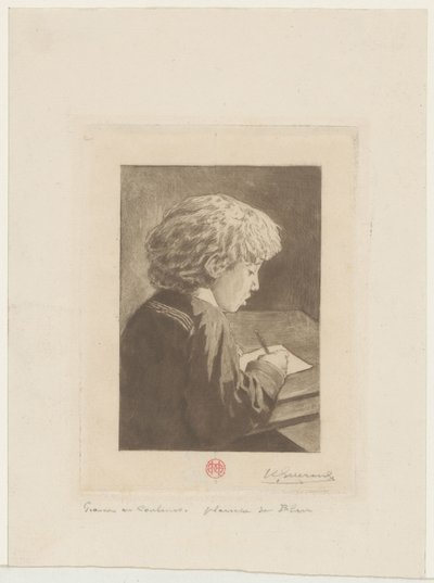 書く少年 作： Henri Charles Guérard (signed by artist)