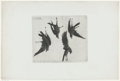 壁からぶら下がっている 4 つの死んだカラス 作： Henri Charles Guérard (signed by artist)
