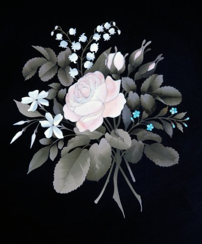 ルイ16世様式第二帝政期（ナポレオン3世）ゲリドンテーブルの花束を模した半貴石をちりばめたスレート製天板の詳細、アンリ・ダッソン（1825-1896）のサイン入り複製、フランス、19世紀後半 作： Henri Dasson