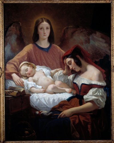 守護天使 母親と寝ている子供を見守る天使。アンリ・デケーヌ（1799-1852）の作品 作： Henri Decaisne