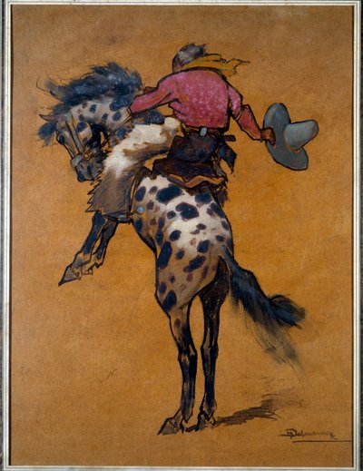 ロデオ: 「馬のブロンコ キャブレに乗ったカウボーイ」 アンリ デルエルモズ (1876-1943) の素描 20 世紀 ラ ロシェル、新世界博物館 作： Henri Deluermoz