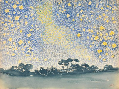 星のある風景、c.1905-08（白い織り紙のグラファイトの上にトイレ） 作： Henri Edmond Cross
