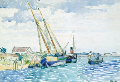マリンシーン（ヴェネツィアの近くのボート）、1903年（重いwoveカードにドライマウントされた白いwove紙のグラファイトの上にトイレ） 作： Henri Edmond Cross