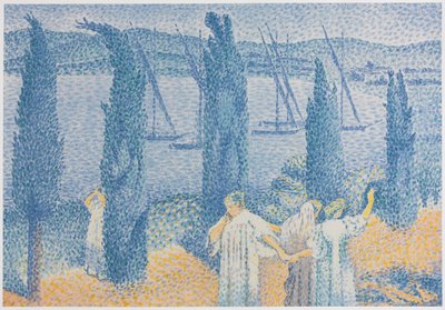 糸杉のある遊歩道の風景、ラプロムナードペイサージュオサイプレス、1897年。 作： Henri Edmond Cross