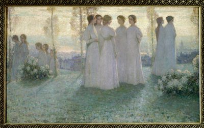 日曜日に、白い服を着た女性が庭で話をしている - Henri Eugene (Henri-Eugene) Le Sidaner (1862-1939)の絵画 作： Henri Eugene Augustin Le Sidaner