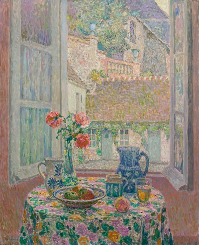 Table donnant sur la cour - 中庭を見下ろすテーブル - Henri Le Sidaner (1862-1939)の絵画 作： Henri Eugene Augustin Le Sidaner
