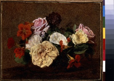 バラとナスタチウムを花瓶に。 アンリ ファンタン ラトゥール (ファンタン ラトゥール) の絵画 作： Ignace Henri Jean Fantin Latour