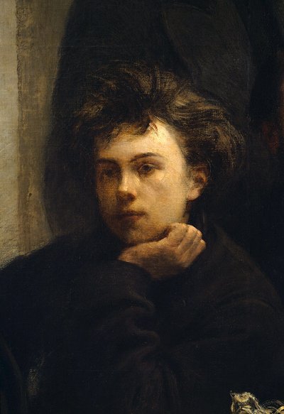 コーナーテーブル、詳細。フランスの詩人、アルチュール・ランボー（1854 - 1891）の肖像。絵画：アンリ・ファンタン・ラトゥール（Fantin-Latour 作： Ignace Henri Jean Fantin Latour