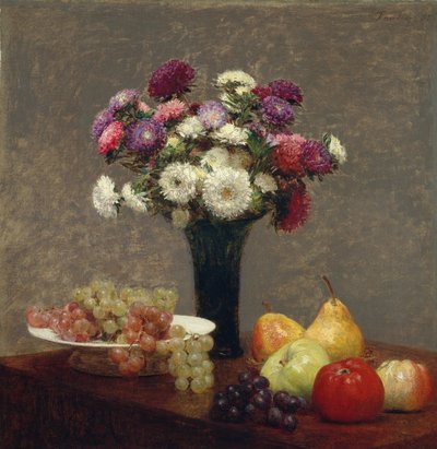 テーブル上のアスターとフルーツ、1868年。 作： Ignace Henri Jean Fantin Latour