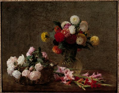 バスケットに入ったダリアとバラの花 アンリ・ファンタン・ラトゥール（Fantin-Latour）の絵画 作： Ignace Henri Jean Fantin Latour