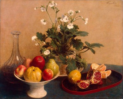 花、果物とカラフを添えた料理」、1865年。 作： Ignace Henri Jean Fantin Latour