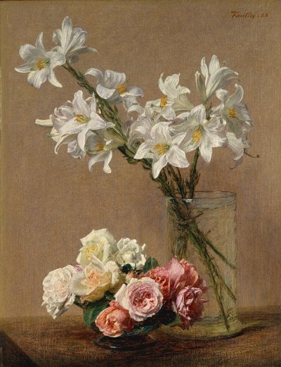 バラとユリ、1888。 作： Ignace Henri Jean Fantin Latour