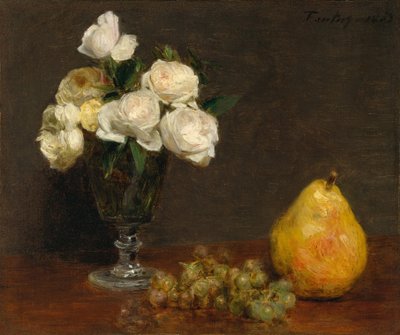 バラと果物のある静物、1863年。 作： Ignace Henri Jean Fantin Latour