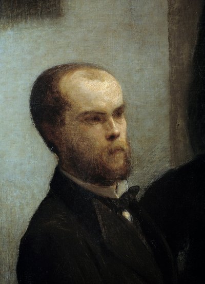 テーブルコーナー、ディテール。詩人ポール・ヴェルレーヌの肖像。絵画：アンリ・ファンタン・ラトゥール（Fantin-Latour 作： Ignace Henri Jean Fantin Latour