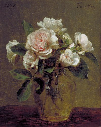「ガラスの花瓶の白いバラ」、1875 作： Ignace Henri Jean Fantin Latour
