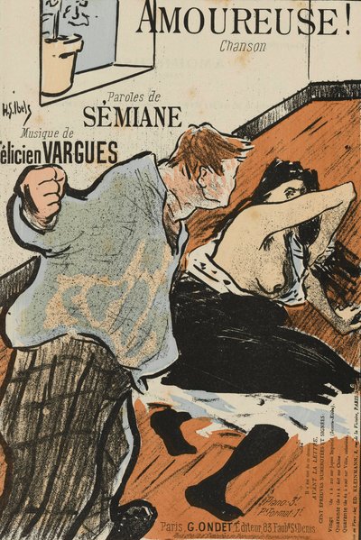 イベルス、アンリ・ガブリエル（1867-1936）作、フェリシアン・ヴァルグ作「Amoureuse！」の楽譜の表紙。カラーリトグラフ 作： Henri Gabriel Ibels