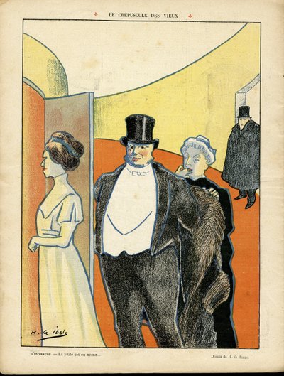 H.G.イベルス（1867-1936）のイラスト（Le Rire, 27/02/09） - 老いの黄昏 - 演劇、第三の時代、金持ちの生活 - 観客 作： Henri Gabriel Ibels