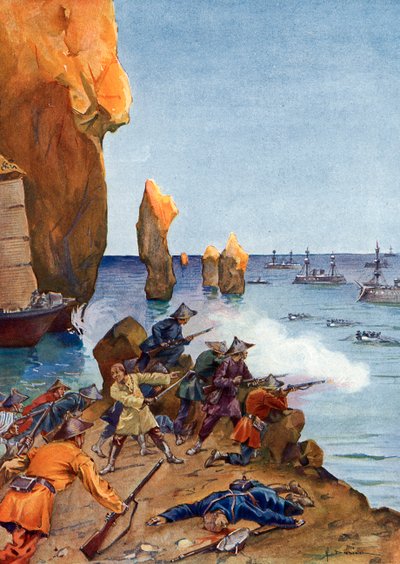 トンキンの植民地化: 「」1883 年 8 月、ベトナムのアロン湾 (ハロン) で艦隊を率いるフランスのアメデ・クールベ提督 作： Henri Gaston Darien