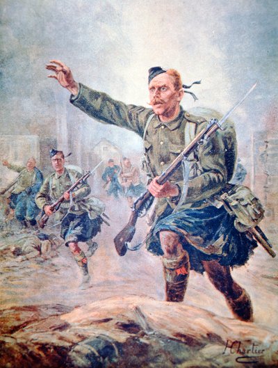 西部戦線でキルトを身につけて戦うスコットランドのハイランダー（カラーリトグラフ 作： Henri Georges Jacques (after) Chartier