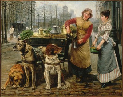 アントワープのデ・カイザーレイにある犬のカートを持った牛乳を注ぐ女、c。 1890年。 作： Henri Houben